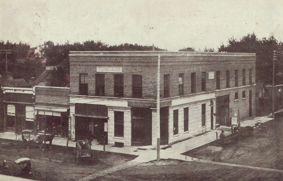 Main Streets & Town Squares, history of Iowa, Iowa History, Lemberger, LeAnn, New Sharon, IA, Animals, dirt road, Iowa, Cities and Towns, horse, bank
