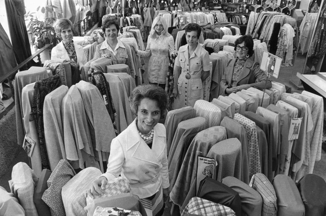Portraits - Group, history of Iowa, Iowa History, woman, Businesses and Factories, store, fabric, Ely, IA, Iowa, fabric store, hairstyle, sewing, Karns, Mike, Labor and Occupations