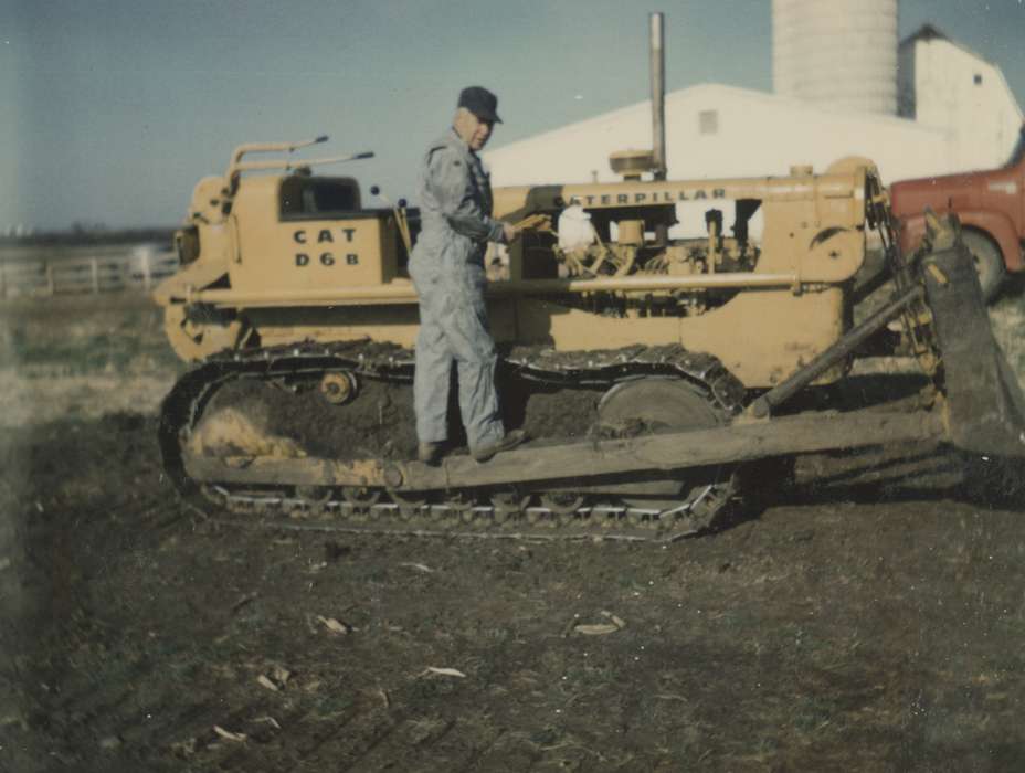cat, farmer, dozer, Farming Equipment, bulldozer, history of Iowa, Iowa History, Motorized Vehicles, Powers, Janice, Central City, IA, Iowa, catepillar, Farms, Portraits - Individual