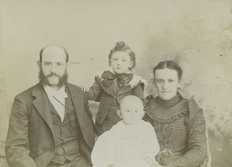 Portraits - Group, baby, boy, muttonchop whiskers, Iowa, mother, Marengo, IA, watch chain, Families, Children, Olsson, Ann and Jons, history of Iowa, father, family, son, bow tie, cabinet photo, Iowa History