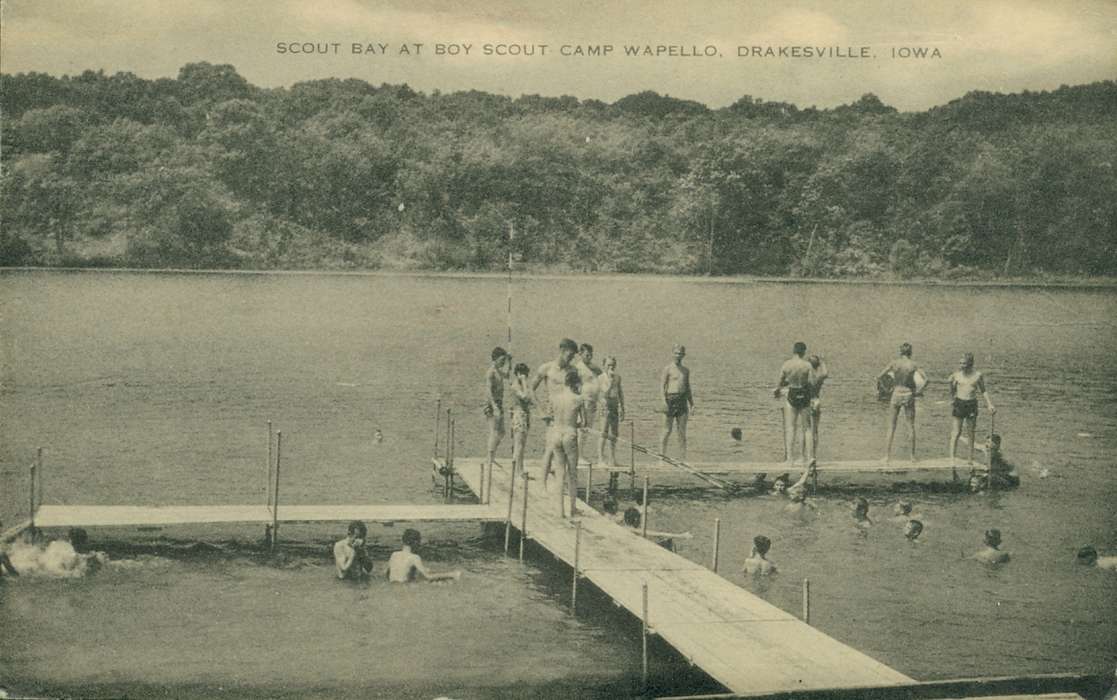 Outdoor Recreation, Iowa, Bloomfield, IA, dock, swimming suit, bathing suit, Children, swimsuit, swimming, Lakes, Rivers, and Streams, boy scout, lake, forest, Lemberger, LeAnn, history of Iowa, Iowa History