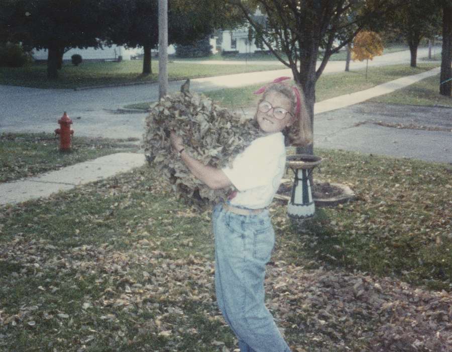 glasses, neighborhood, Reinbeck, IA, Portraits - Individual, Cities and Towns, Iowa History, Iowa, bird bath, East, Lindsey, fire hydrant, Homes, Children, history of Iowa, leaves