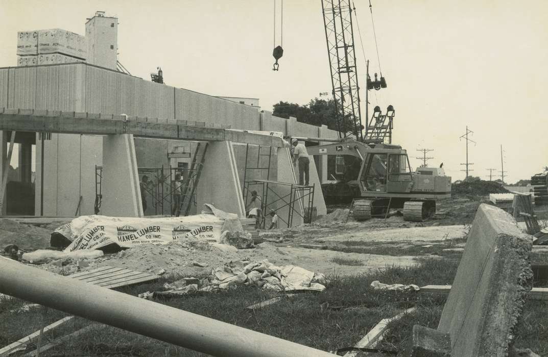 scaffolding, crane, history of Iowa, construction materials, Iowa History, Motorized Vehicles, wood pallet, Waverly, IA, Iowa, Waverly Public Library, Labor and Occupations