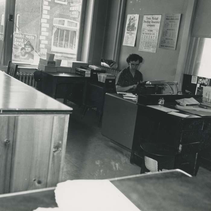 woman, Waverly Public Library, history of Iowa, Businesses and Factories, desk, building interior, sign, Waverly, IA, Labor and Occupations, worker, typewriter, trash can, radiator, Iowa History, Iowa, Portraits - Individual, lamp, office, poster, calendar