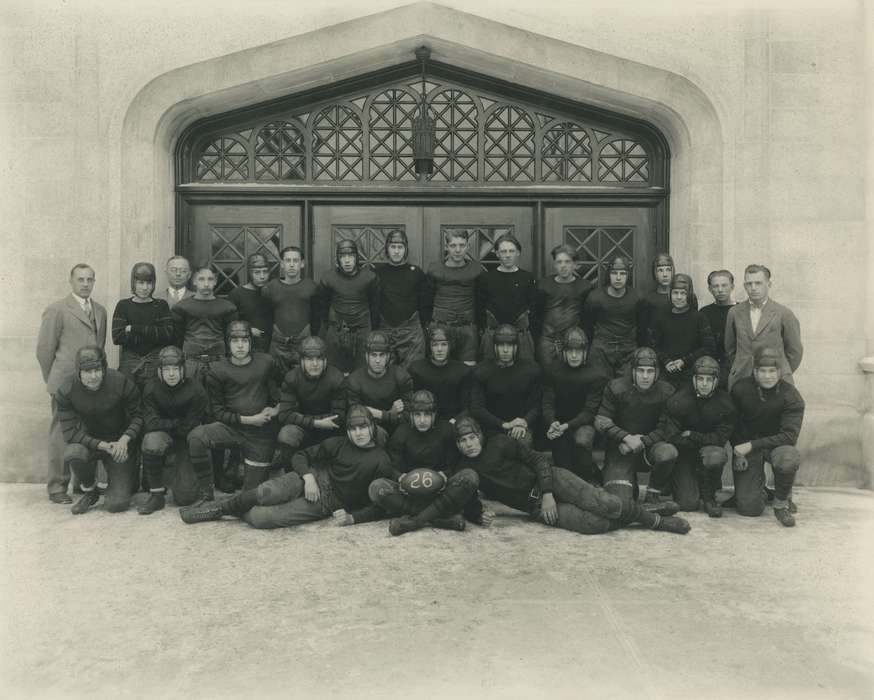 Portraits - Group, football players, history of Iowa, Iowa History, football, football team, Iowa, Children, Sports, leather helmet, Waverly Public Library