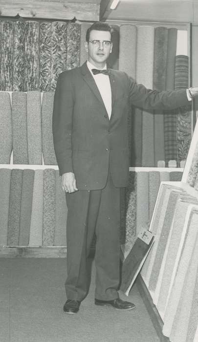 Waverly Public Library, history of Iowa, Iowa History, carpet, Businesses and Factories, glasses, man, Iowa, bowtie, suit, Labor and Occupations
