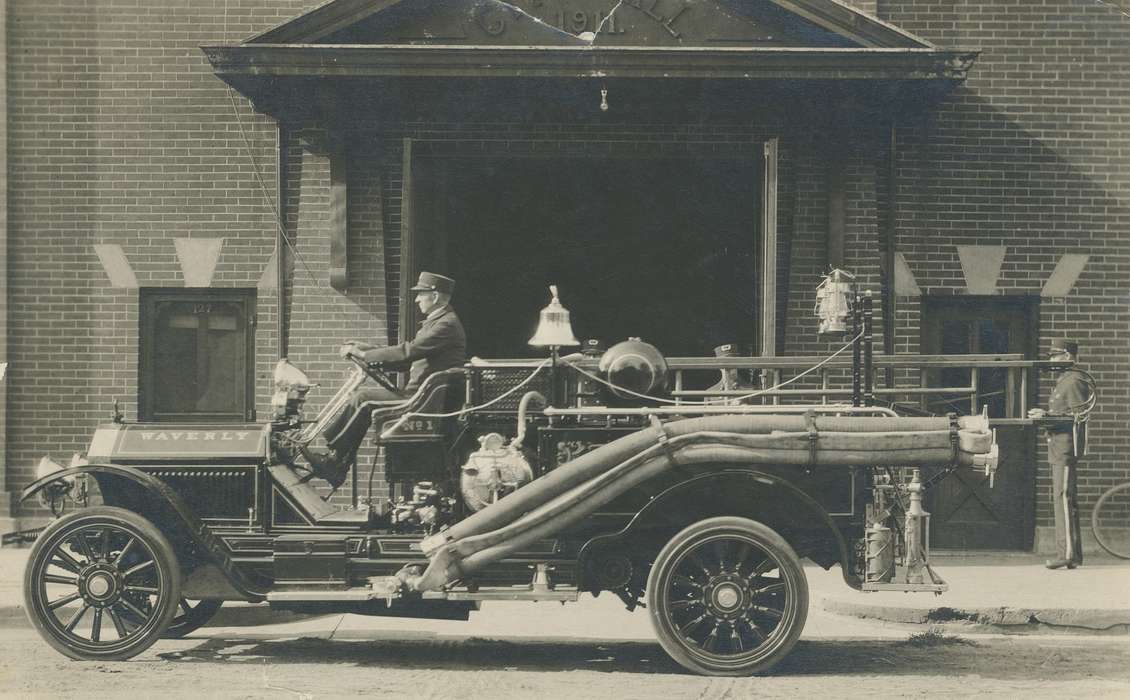 history of Iowa, fire truck, city hall, Waverly Public Library, fire engine, Waverly, IA, Iowa, Motorized Vehicles, correct date needed, Iowa History, driver