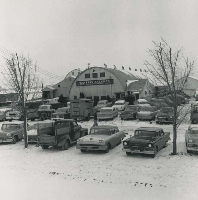 pickup truck, Motorized Vehicles, Iowa History, Waverly Public Library, Iowa, history of Iowa, Businesses and Factories, correct date needed, parking lot, car, Winter, Waverly, IA, snow