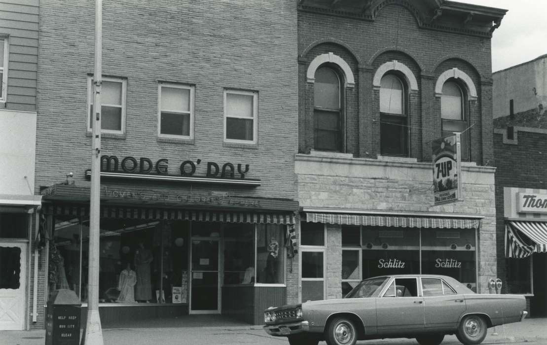 Main Streets & Town Squares, main street, history of Iowa, Iowa History, storefront, Motorized Vehicles, Businesses and Factories, clothing store, business, vehicles, Iowa, Cities and Towns, Waverly Public Library