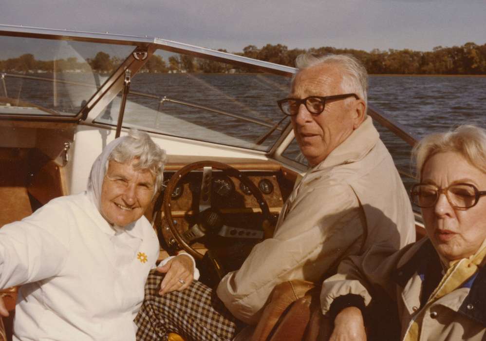 Portraits - Group, history of Iowa, Iowa History, Motorized Vehicles, Lakes, Rivers, and Streams, glasses, Iowa, Cedar Rapids, IA, Outdoor Recreation, boat, Freeman, Marie