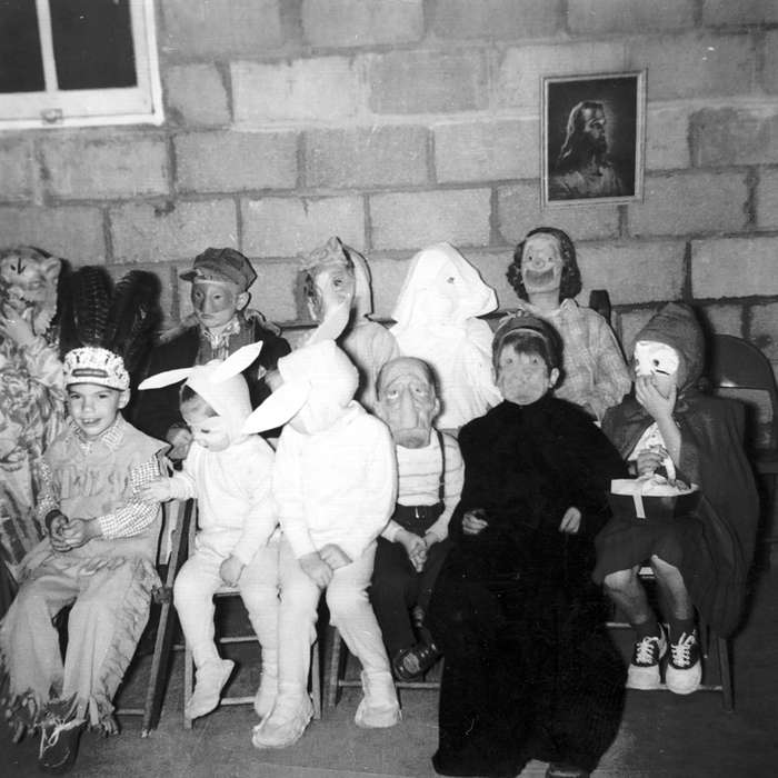 Portraits - Group, Iowa, Webster City, IA, Iowa History, costumes, Curtis, Leonard, Leisure, Children, mask, stereotype of native american, redface, halloween, history of Iowa, costume