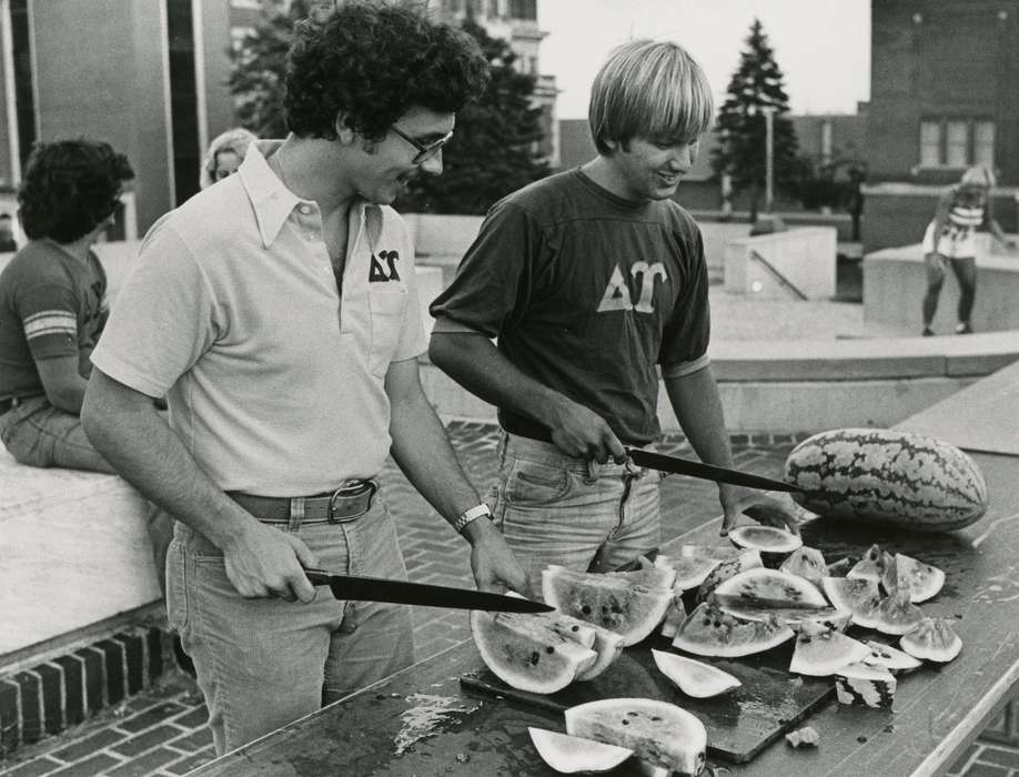 students, watermelon, campanile, Iowa History, Iowa, Schools and Education, university of northern iowa, fraternity, delta tau, uni, history of Iowa, fruit, UNI Special Collections & University Archives, Cedar Falls, IA, Food and Meals