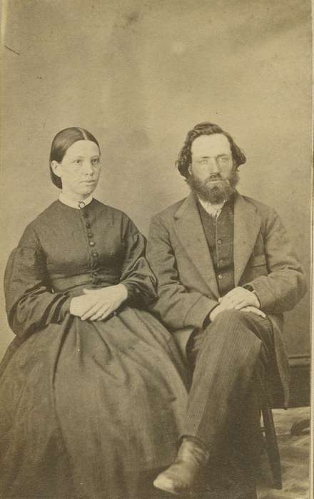 Portraits - Group, carte de visite, Iowa, vest, couple, woman, frock coat, hoop skirt, Marion, IA, Olsson, Ann and Jons, beard, collared dresses, history of Iowa, dropped shoulder seams, Iowa History, man