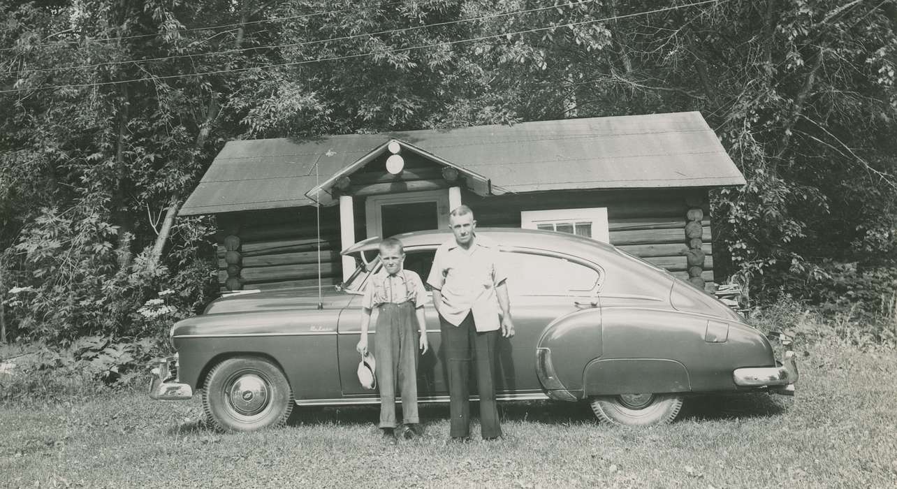 Portraits - Group, history of Iowa, Iowa History, baseball hat, sedan, Families, IA, Motorized Vehicles, deluxe, Elderkin, Don, chevrolet, log cabin, Iowa, woods, fastback, Children, chevy