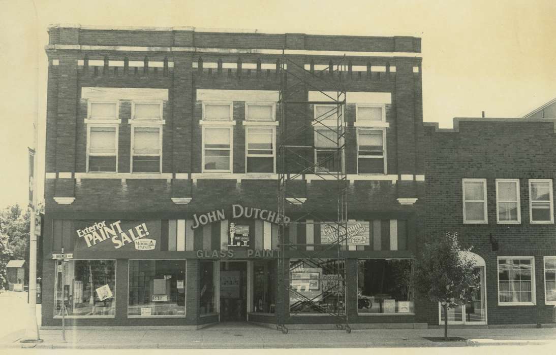 Main Streets & Town Squares, scaffolding, history of Iowa, Iowa History, storefront, Businesses and Factories, brick building, Waverly, IA, Iowa, sign, Waverly Public Library
