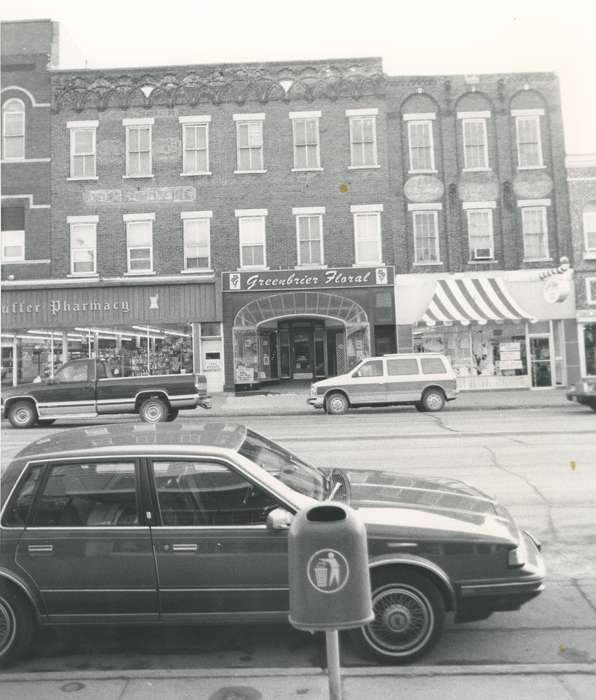 pharmacy, clothing store, correct date needed, flower shop, Waverly Public Library, business, cars, Iowa, history of Iowa, Iowa History, Businesses and Factories