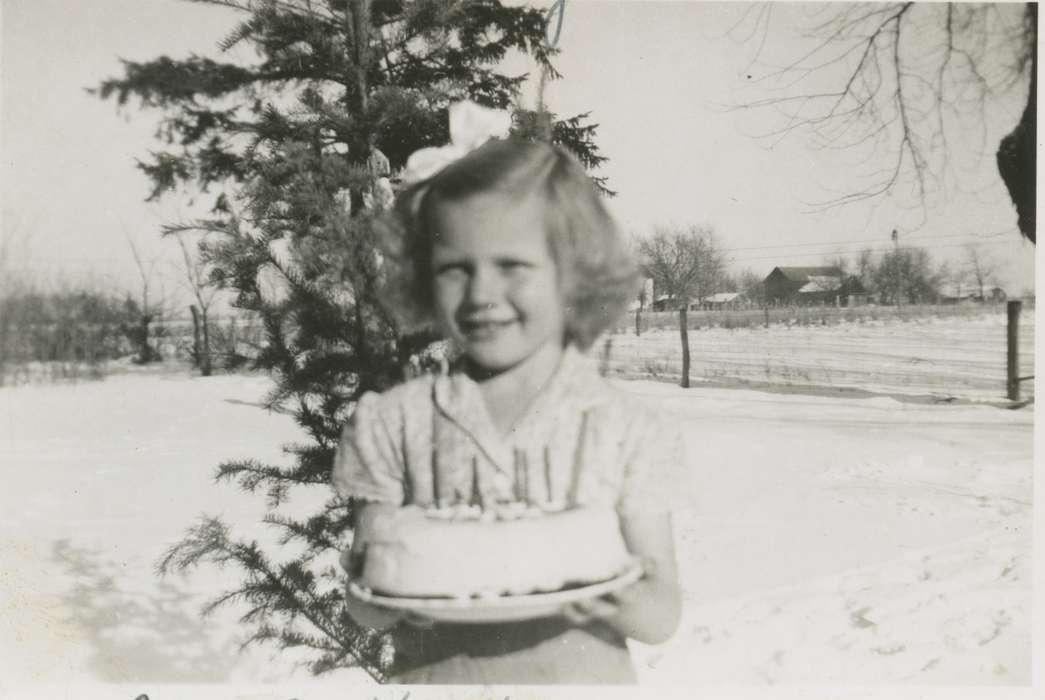 Food and Meals, cake, Iowa, Frederika, IA, Meyer, Norma, Children, Portraits - Individual, Farms, Winter, history of Iowa, Holidays, snow, birthday, Iowa History