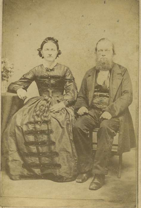 pocket watch chain, woman, frock coat, hoop skirt, beard, man, history of Iowa, ribbon, Iowa History, Portraits - Group, carte de visite, Iowa, vest, couple, bishop sleeves, Olsson, Ann and Jons, collared dresses, Davenport, IA, dropped shoulder seams