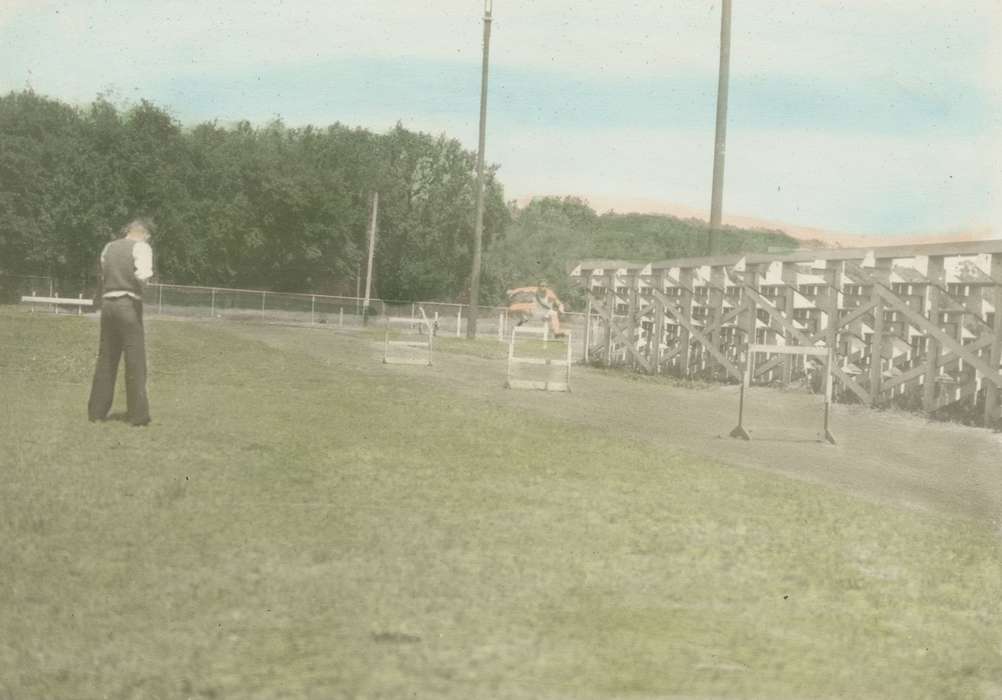 race, bleachers, history of Iowa, Iowa History, track and field, Webster City, IA, grass, Iowa, colorized, Sports, McMurray, Doug, hurdles