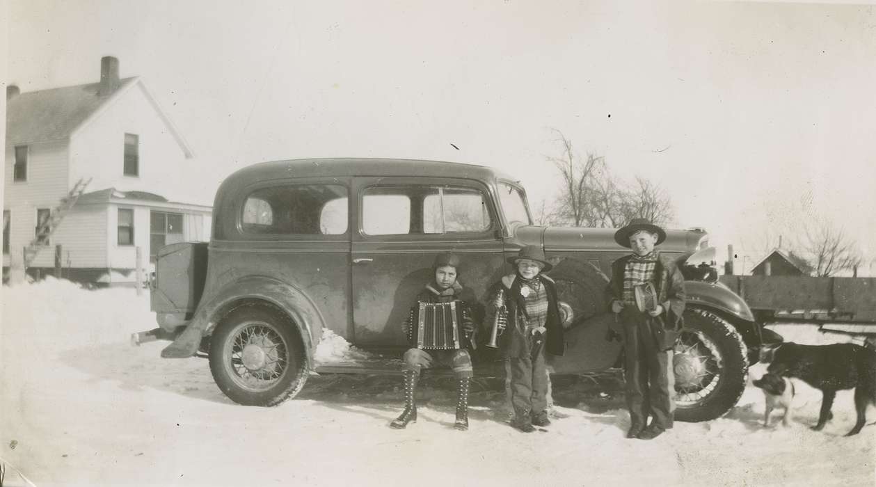 trumpet, IA, Iowa, accordion, Children, snow, car, dogs, drum, boys, Hansen, Viola, Winter, history of Iowa, Motorized Vehicles, Iowa History