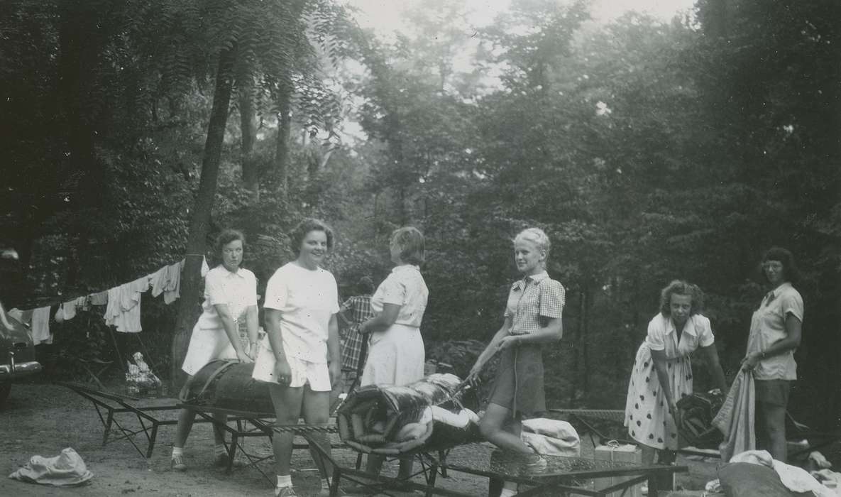 Portraits - Group, cot, skirt, clothesline, history of Iowa, Iowa History, Iowa, Outdoor Recreation, USA, sleeping bags, McMurray, Doug, camping