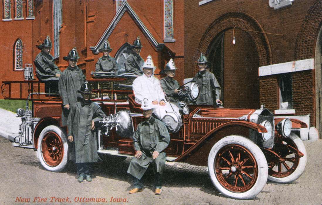 Portraits - Group, fire department, history of Iowa, Iowa History, Ottumwa, IA, Motorized Vehicles, fireman, fire truck, Iowa, Lemberger, LeAnn, fire engine, Labor and Occupations