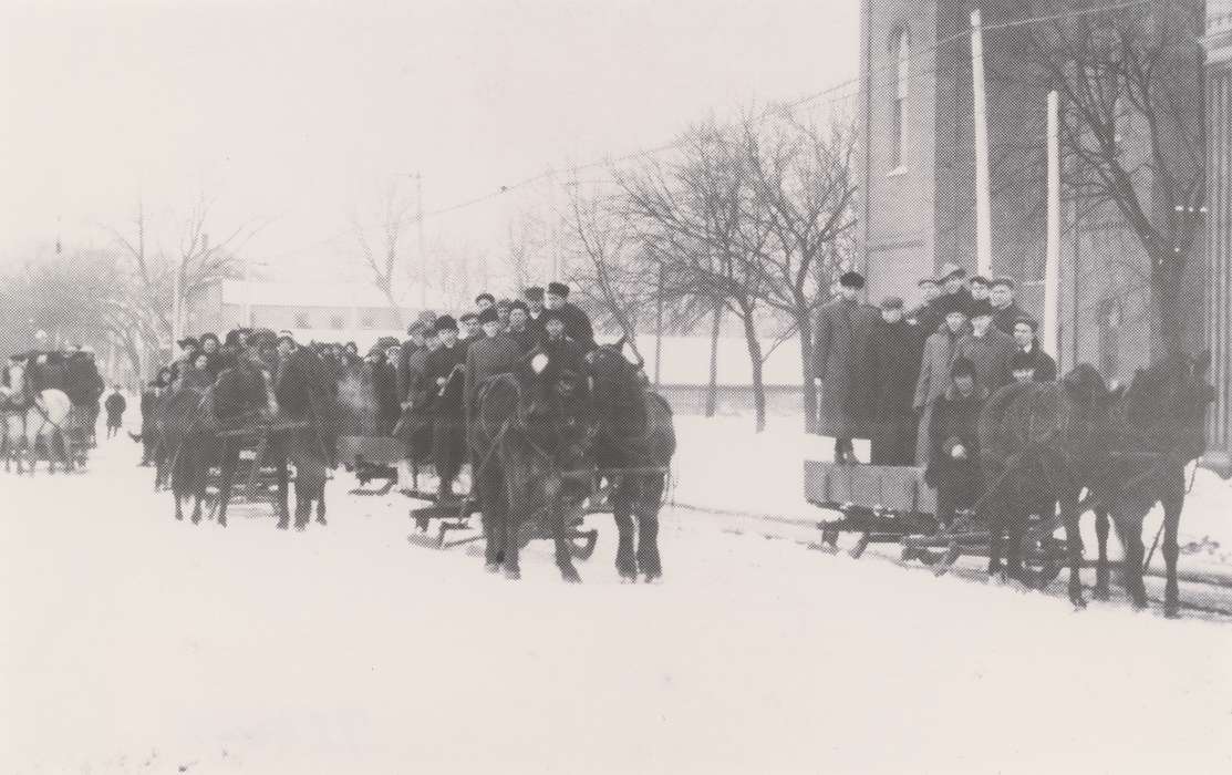 Portraits - Group, bobsled, history of Iowa, Iowa History, Entertainment, parade, Animals, Civic Engagement, horse drawn, Fairs and Festivals, Iowa, Cities and Towns, snow, horse, Waverly Public Library