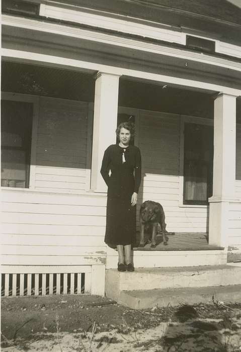 history of Iowa, Iowa History, IA, Hansen, Viola, Animals, Iowa, porch, Homes, dog, Portraits - Individual
