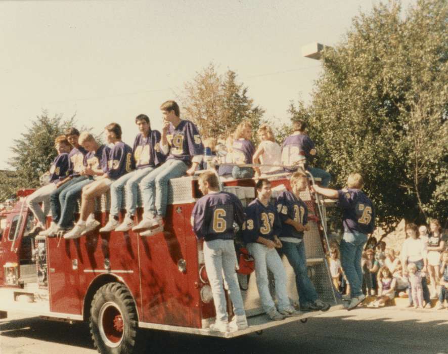 football players, history of Iowa, Gehlsen, Katie, Iowa History, parade, Motorized Vehicles, Denison, IA, Fairs and Festivals, jersey, fire truck, Iowa, homecoming