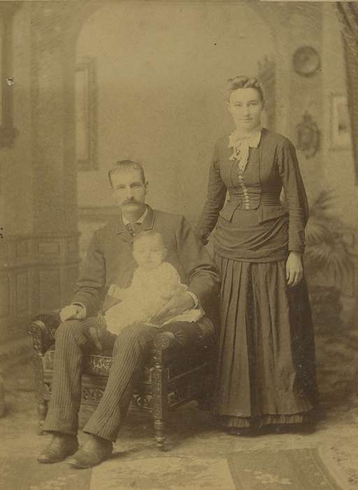 Portraits - Group, woman, cabinet photo, Iowa City, IA, Iowa History, family, painted backdrop, mustache, history of Iowa, baby, sack coat, man, dress, Iowa, Olsson, Ann and Jons, Families, bow tie