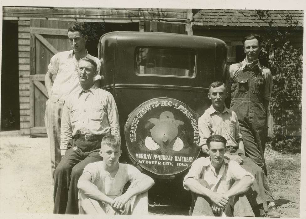 Businesses and Factories, Portraits - Group, car, Iowa History, Iowa, Motorized Vehicles, hatchery, Labor and Occupations, McMurray, Doug, Webster City, IA, history of Iowa