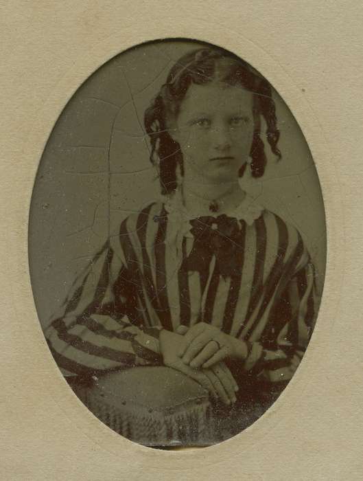 history of Iowa, Iowa History, tintype, girl, chair, lace collar, dropped shoulder seams, bishop sleeves, necklace, Iowa, Olsson, Ann and Jons, dress, curls, Centerville, IA, Portraits - Individual