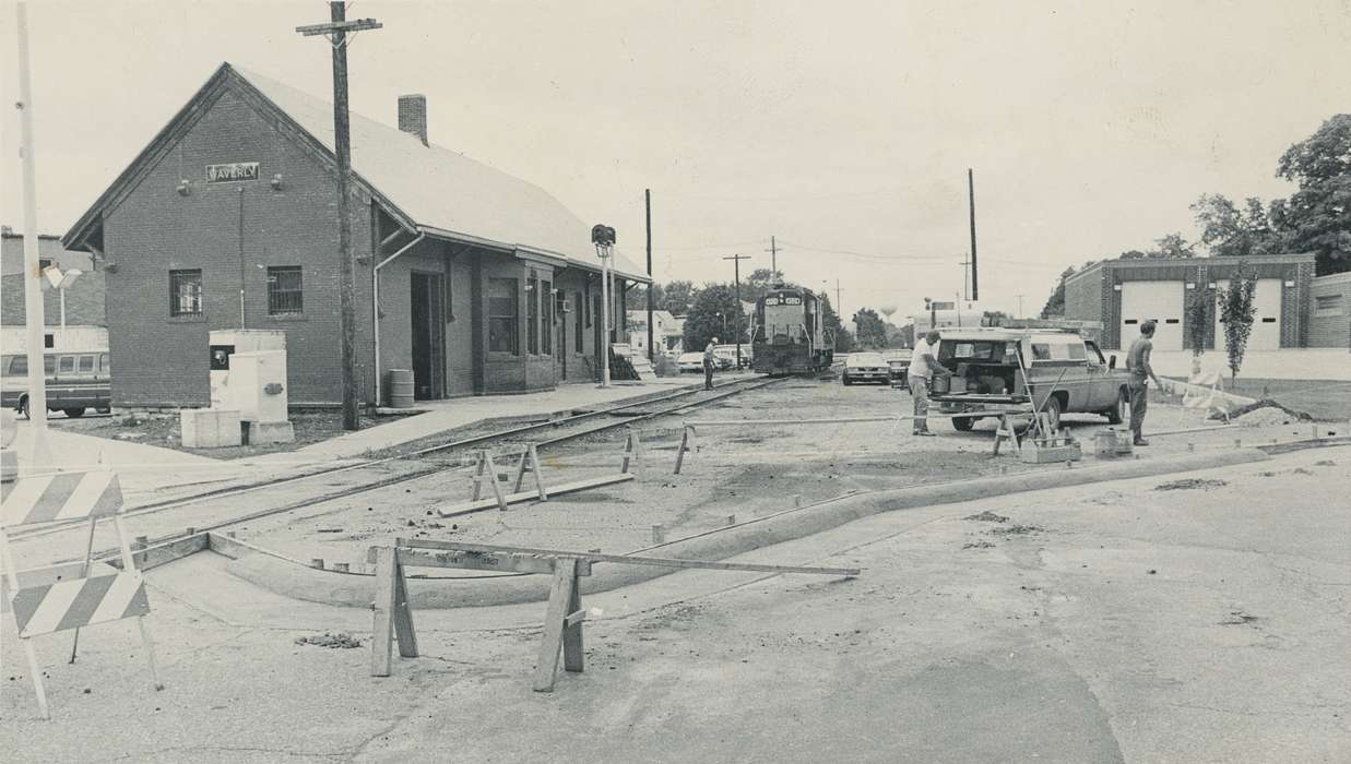 train, car, Cities and Towns, Iowa History, Iowa, Motorized Vehicles, Waverly Public Library, Labor and Occupations, Train Stations, Waverly, IA, history of Iowa