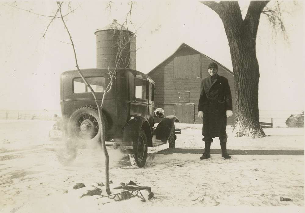 IA, history of Iowa, snow, Motorized Vehicles, Hansen, Viola, Iowa, car, silo, Portraits - Individual, Iowa History