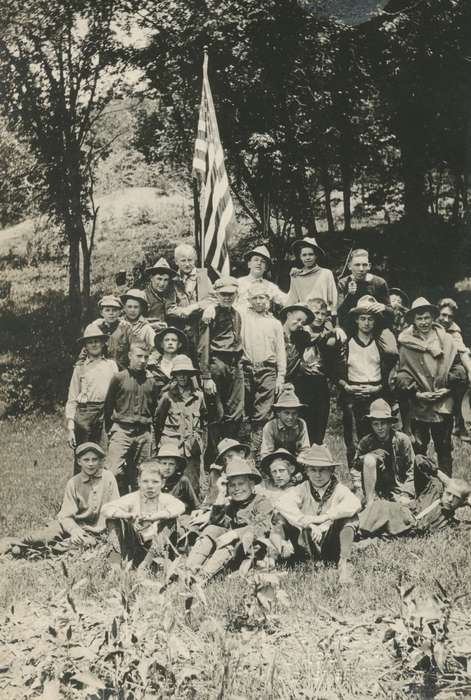 Outdoor Recreation, Portraits - Group, Iowa, Webster City, IA, McMurray, Doug, Children, history of Iowa, Civic Engagement, boy scouts, flag, Iowa History