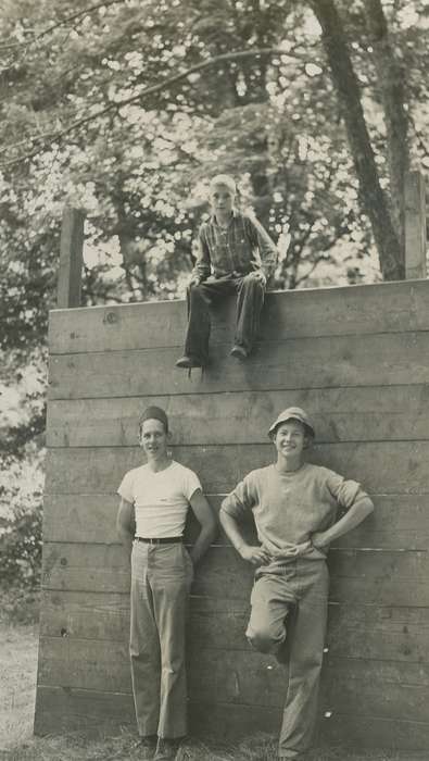 Portraits - Group, climbing wall, Lehigh, IA, camp, history of Iowa, Iowa History, boy scout, McMurray, Doug, wall, Iowa, Outdoor Recreation, climbing, Children