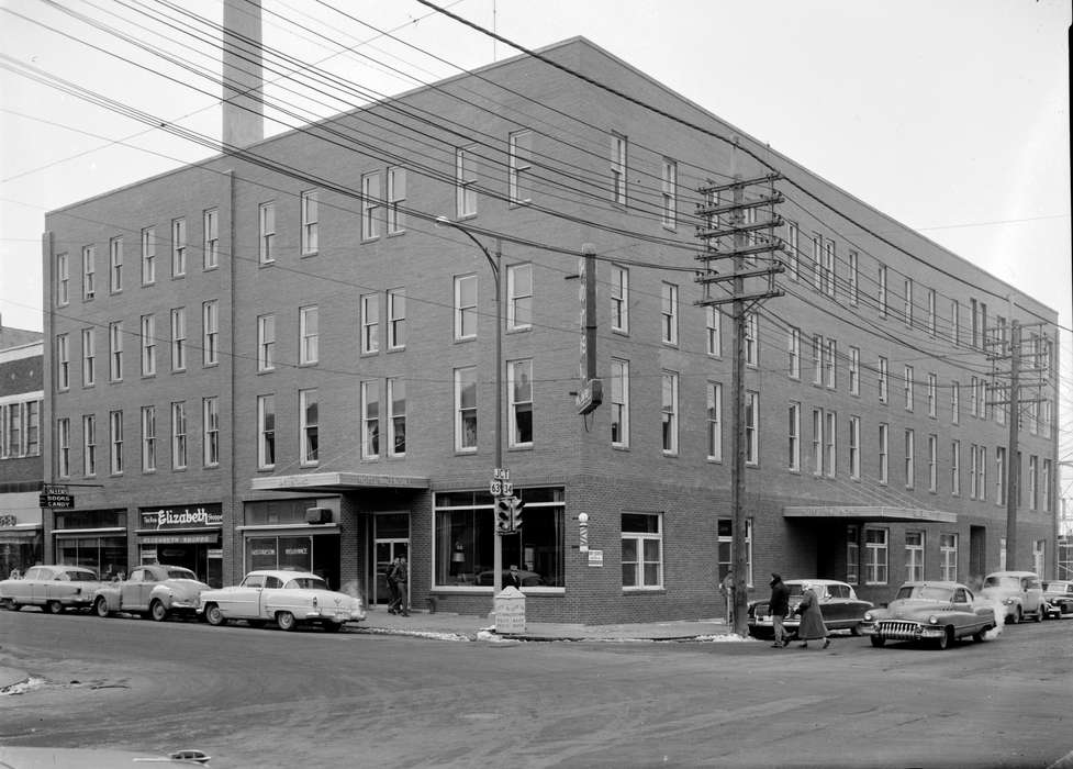 Businesses and Factories, street light, car, Cities and Towns, storefront, Iowa, Motorized Vehicles, Iowa History, Lemberger, LeAnn, Ottumwa, IA, Main Streets & Town Squares, telephone pole, history of Iowa