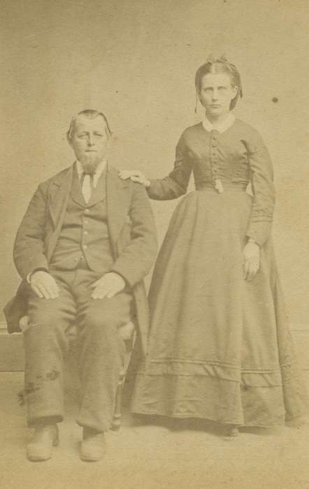 Portraits - Group, carte de visite, Tama, IA, Iowa, vest, couple, woman, bishop sleeves, frock coat, hoop skirt, Olsson, Ann and Jons, dress, hairnet, collared dresses, history of Iowa, dropped shoulder seams, Iowa History, man