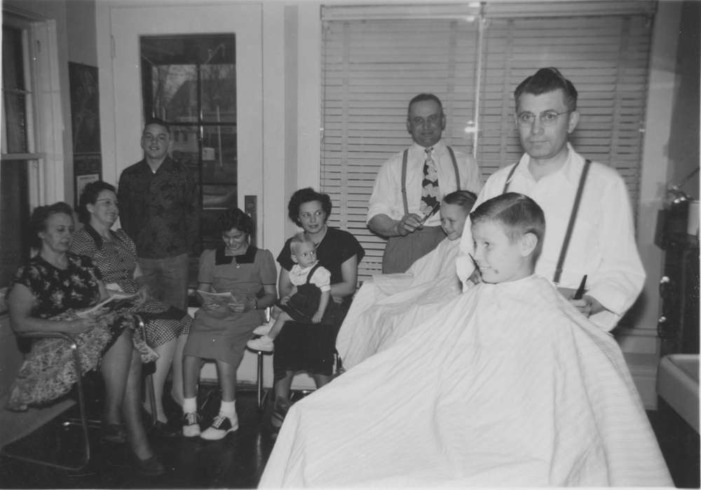 Businesses and Factories, glasses, tie, Iowa History, Iowa, Families, Labor and Occupations, barbershop, Cedar Rapids, IA, haircut, barber, Vaughn, Cindy, saddle shoes, Children, history of Iowa