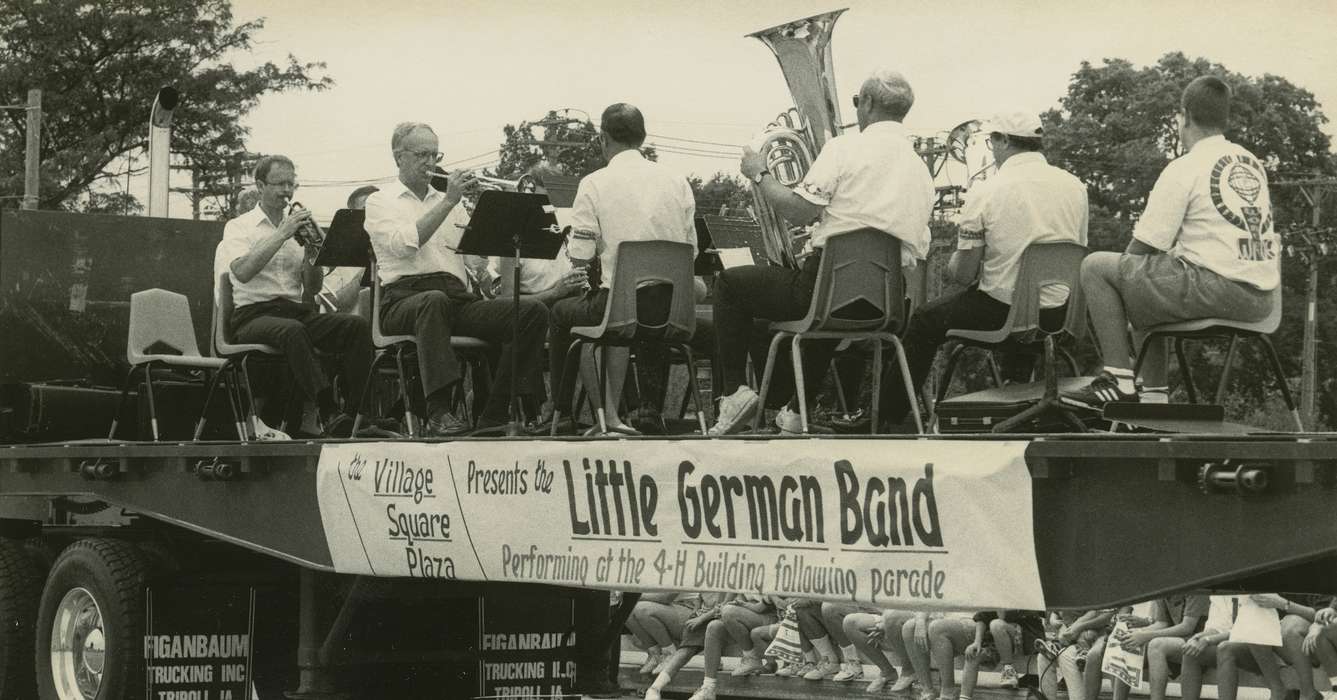 parade float, men, Motorized Vehicles, chair, Waverly Public Library, trumpet, Iowa, Entertainment, Fairs and Festivals, tuba, history of Iowa, Iowa History, semi, Waverly, IA, Portraits - Group