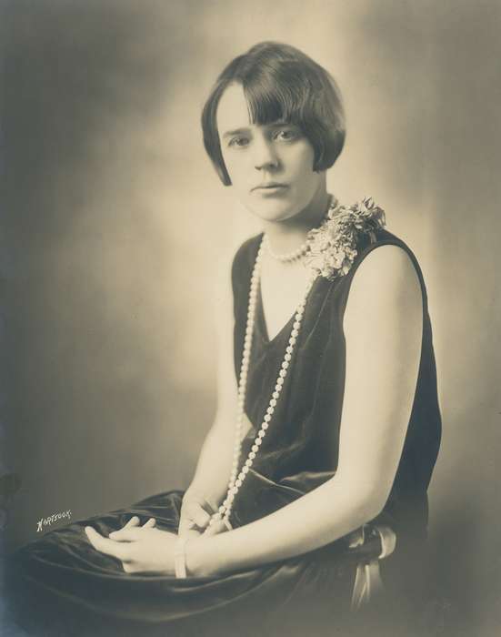 black dress, history of Iowa, Iowa History, pearl necklace, Iowa, young woman, correct date needed, Waverly Public Library, Portraits - Individual