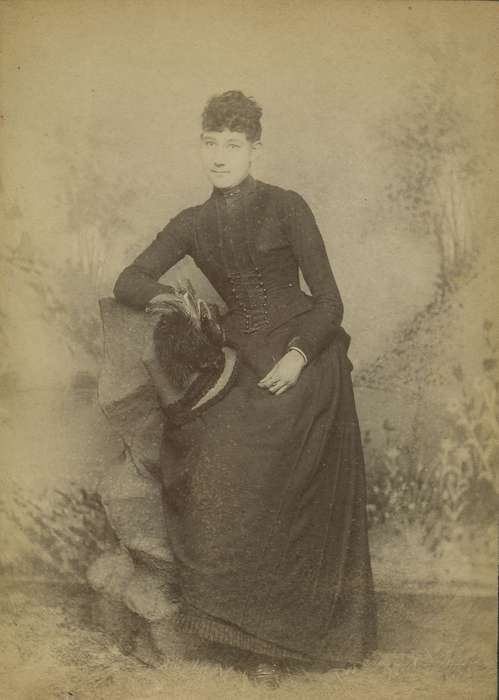 frizzy bangs, history of Iowa, Iowa History, Mason City, IA, woman, Olsson, Ann and Jons, cabinet photo, Iowa, painted backdrop, dress, hat, Portraits - Individual