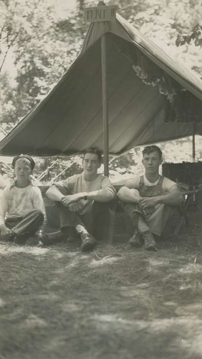 Portraits - Group, Iowa, tent, McMurray, Doug, Lehigh, IA, Leisure, Children, boy scout, history of Iowa, sitting, Iowa History