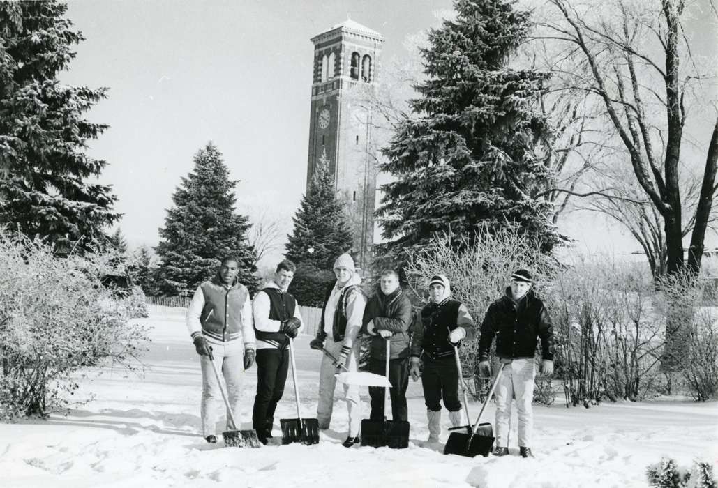 Portraits - Group, Cedar Falls, IA, campanile, history of Iowa, Iowa History, Winter, uni, shovel, college, snow, UNI Special Collections & University Archives, Iowa, state college of iowa, students, Schools and Education, university of northern iowa, Leisure