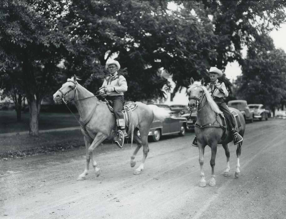 Portraits - Group, history of Iowa, Iowa History, cowboy costume, Entertainment, Animals, cowboy hat, man, Iowa, boy, horse, Children, Waverly Public Library