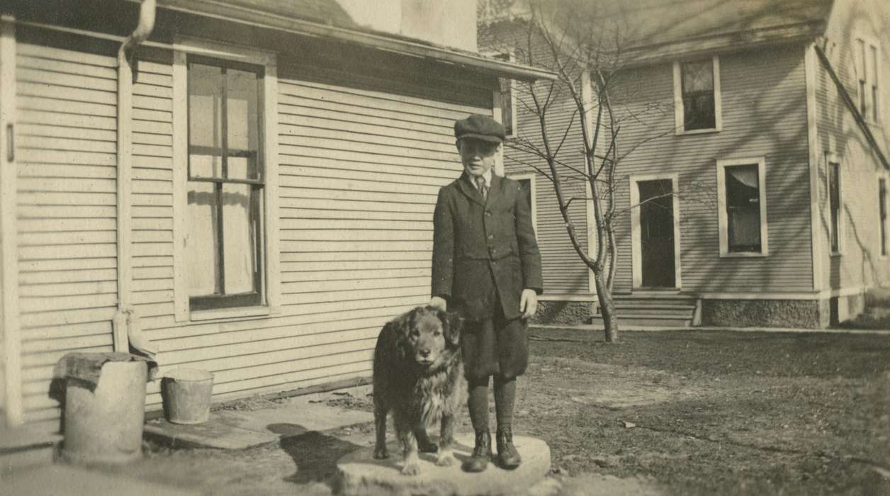 history of Iowa, Iowa History, Mortenson, Jill, Animals, boy, garbage can, tie, hat, Iowa, correct date needed, Cities and Towns, Ackley, IA, house, Children, dog, Portraits - Individual