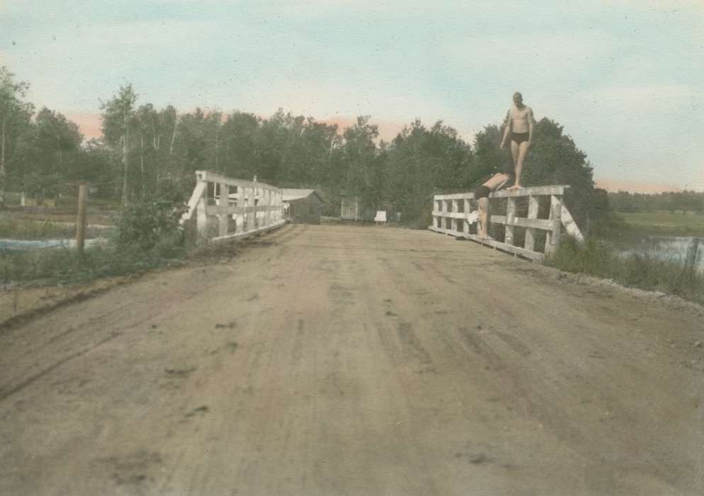Longville, MN, swimsuit, Iowa History, McMurray, Doug, bathing suit, Iowa, history of Iowa, colorized, Outdoor Recreation, swimming, bridge, Travel, road