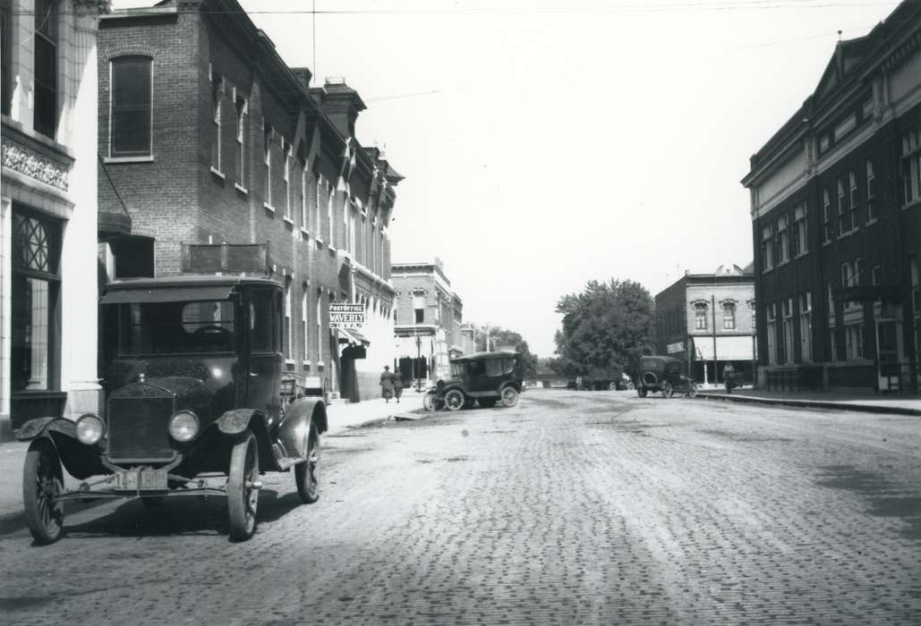 history of Iowa, downtown, Businesses and Factories, Waverly, IA, Waverly Public Library, Main Streets & Town Squares, Iowa, car, Motorized Vehicles, Iowa History, Cities and Towns, post office