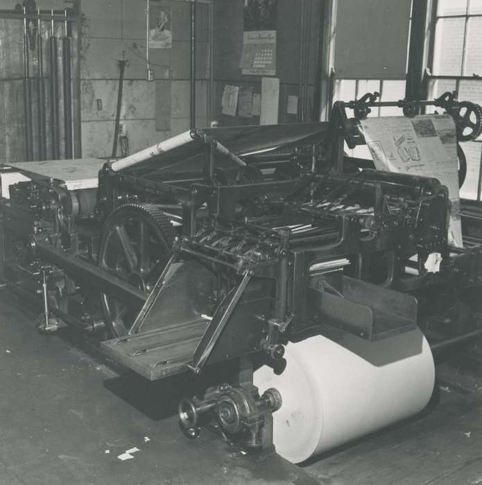 calendar, press, poster, history of Iowa, window, Businesses and Factories, newspaper, Waverly, IA, Waverly Public Library, Iowa, machinery, Iowa History, correct date needed, building interior, printing