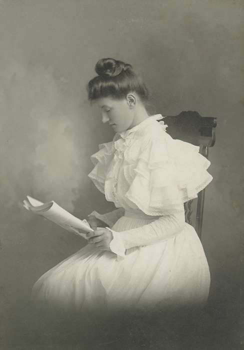 Portraits - Individual, white dress, wooden chair, Waverly Public Library, Iowa, young woman, history of Iowa, Iowa History